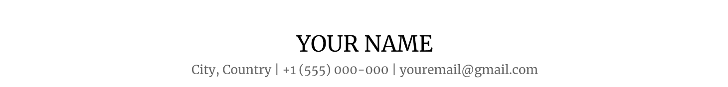 Example resume contact block with a name, city, phone number, and professional email address