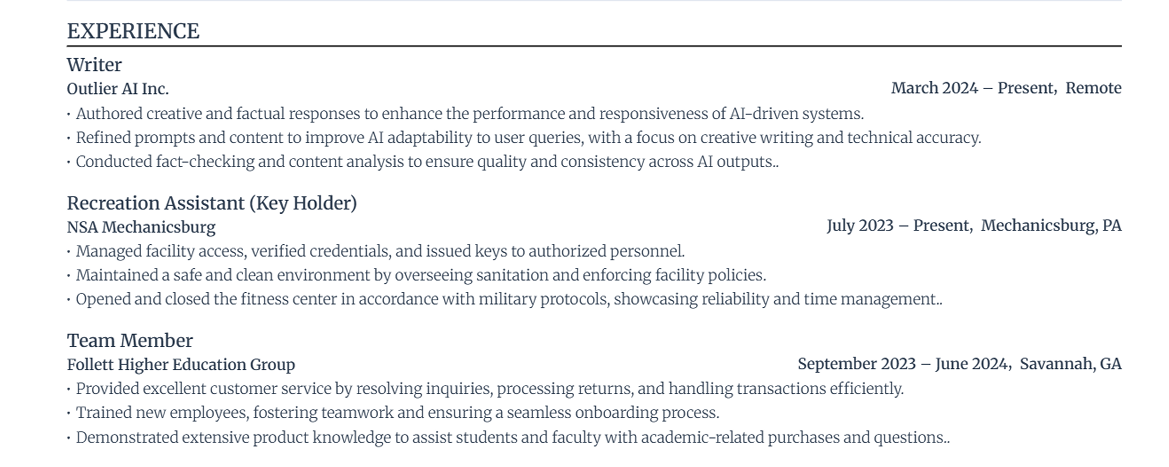 Example resume experience section with a writer role, recreation assistant role, and retail team member role
