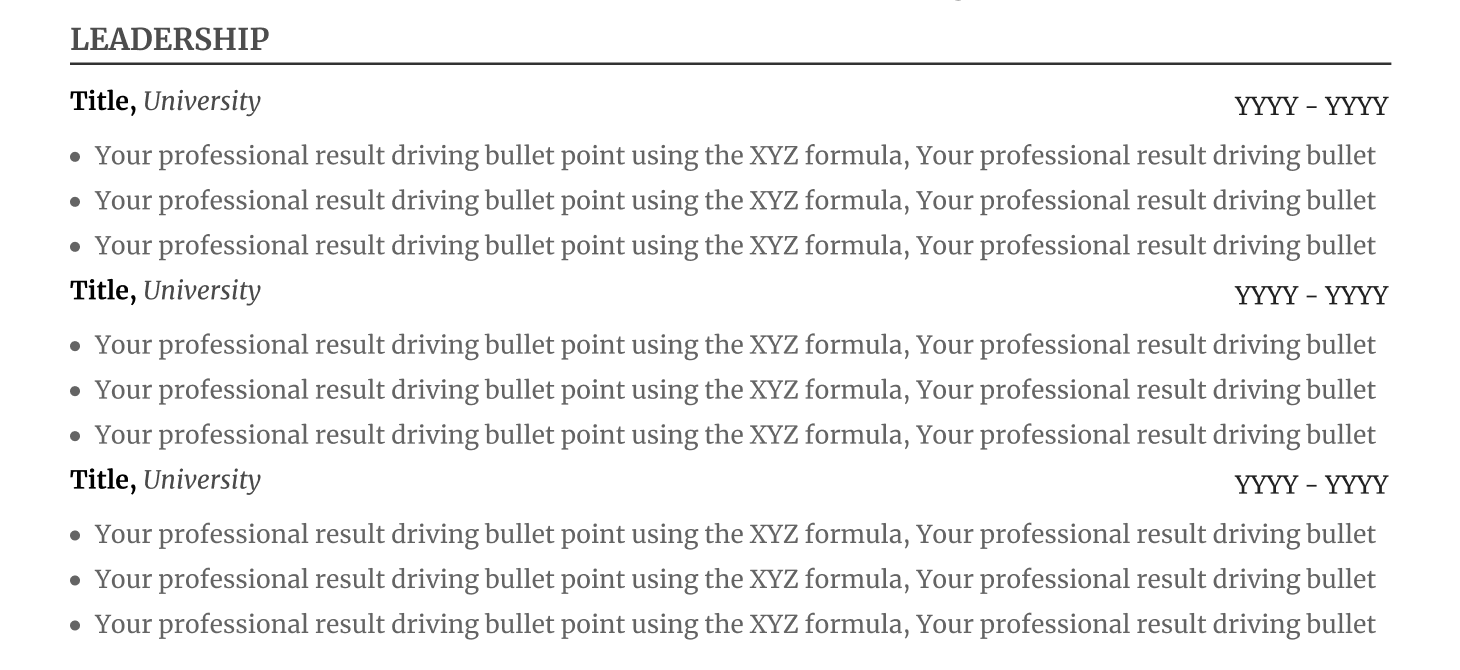 Example resume leadership section with role titles, organization names, dates, and achievement bullets