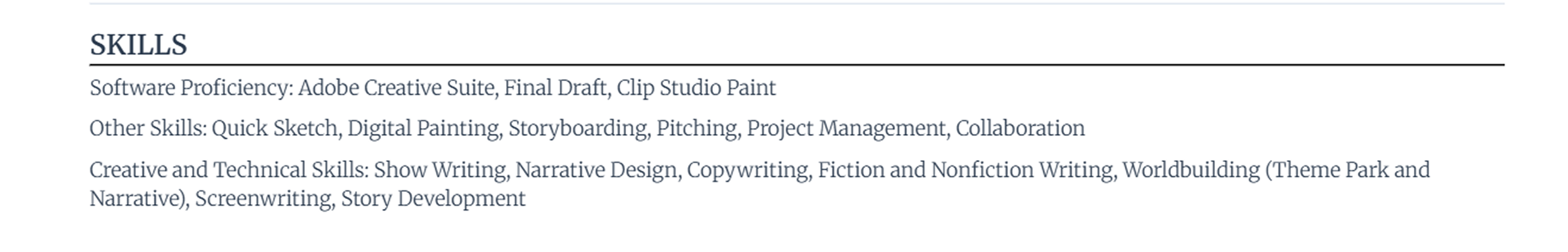 Example resume skills section grouped into software proficiency, other skills, and creative and technical skills