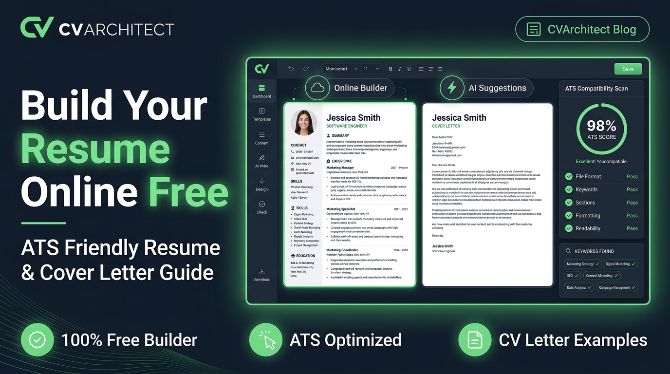 CVArchitect online resume builder interface showing an ATS friendly resume template alongside a matching cover letter