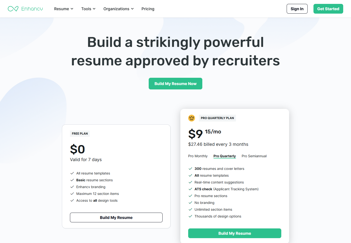 Enhancv pricing page showing a seven-day free plan and a Pro quarterly plan displayed at a promotional rate
