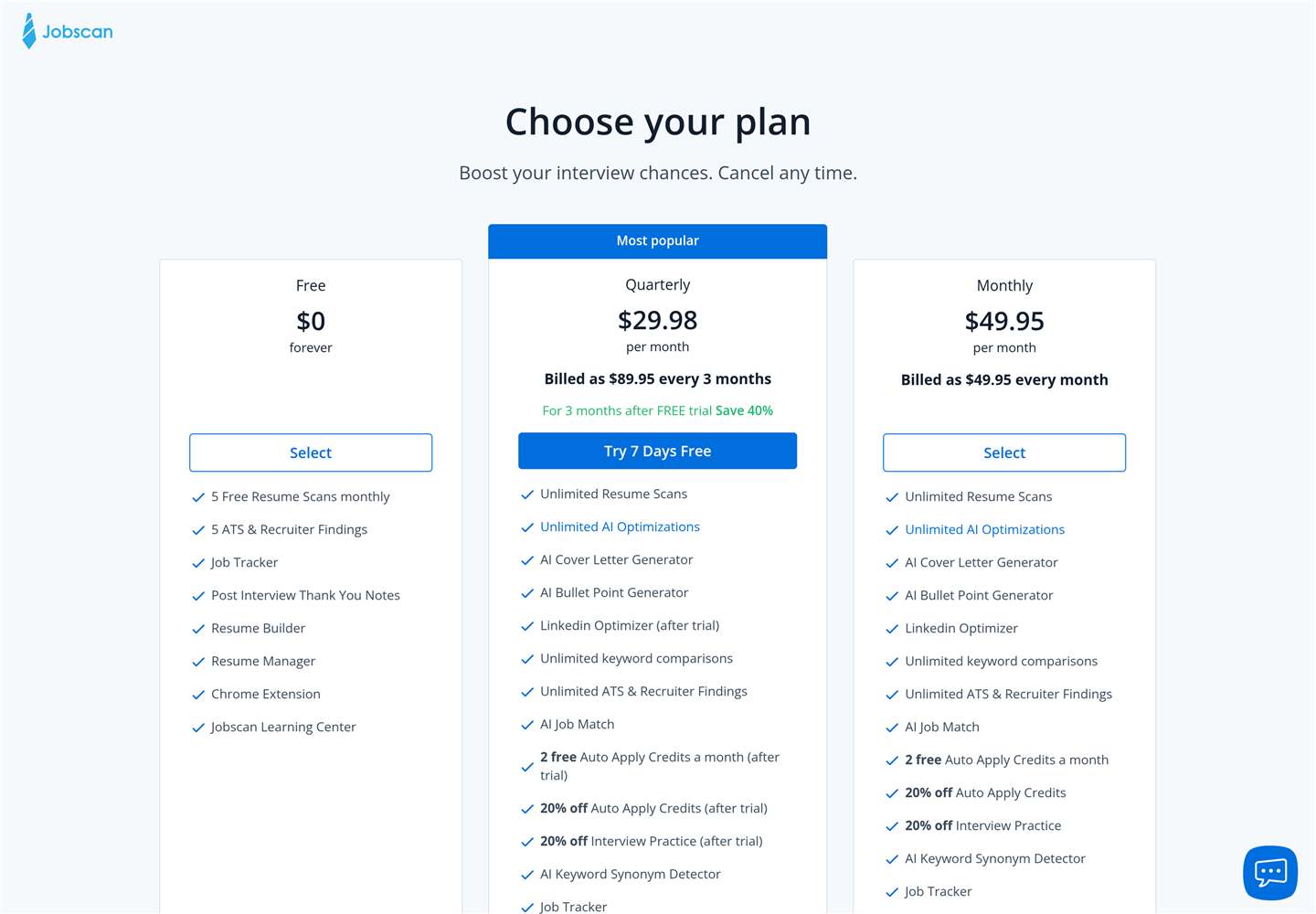 Jobscan pricing page showing a free plan, a quarterly plan at $29.98 per month billed as $89.95 every 3 months, and a monthly plan at $49.95