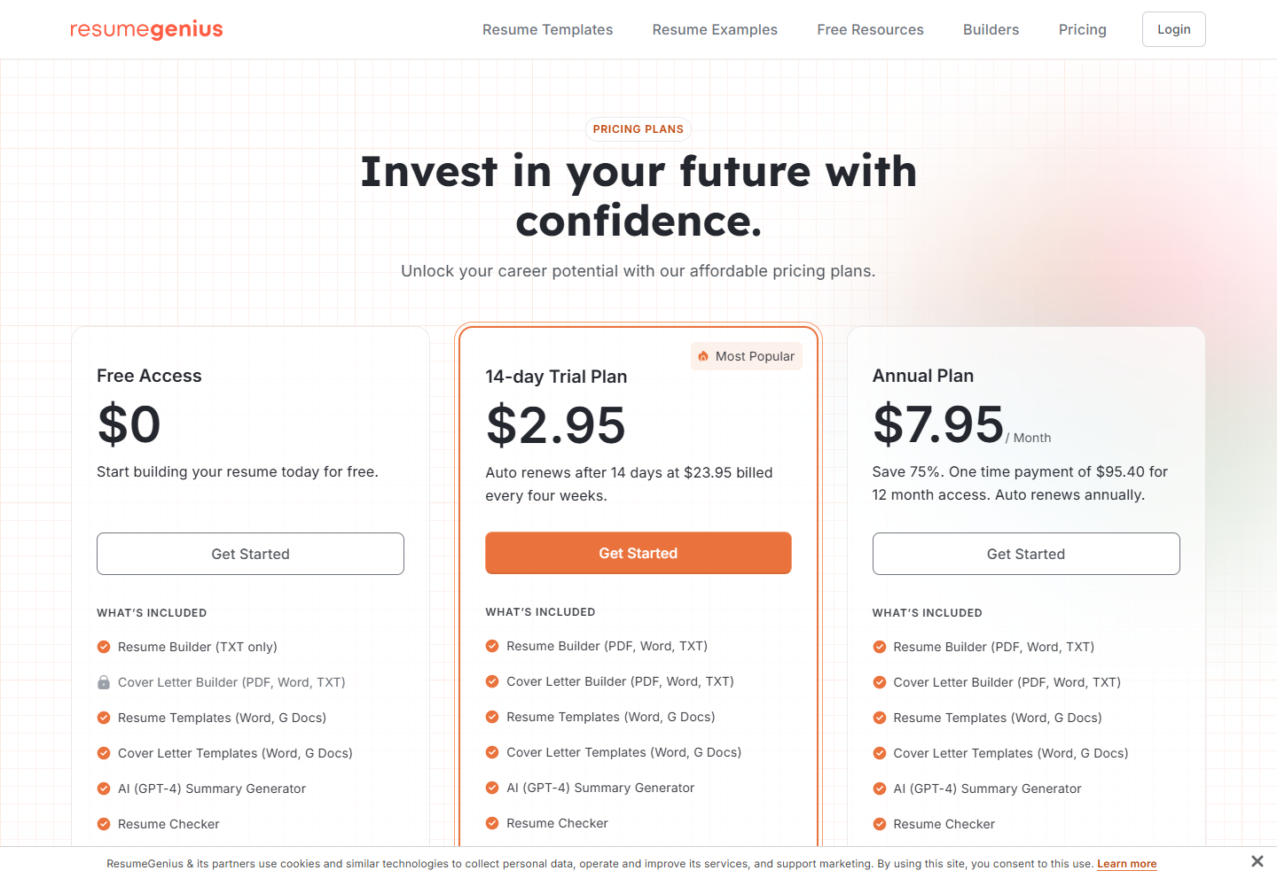 Resume Genius pricing page showing a $0 free plan with TXT only resume downloads, a $2.95 14-day trial, and a $7.95 per month annual plan
