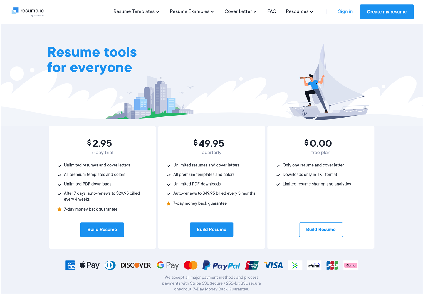 Resume.io pricing page showing a $2.95 seven-day trial, a $49.95 quarterly plan, and a $0 free plan with TXT only downloads