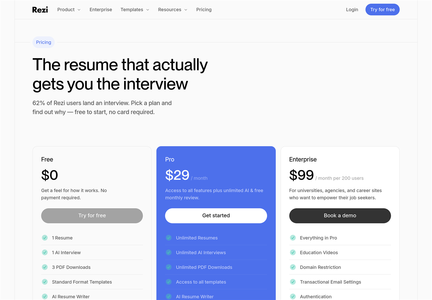 Rezi pricing page showing a free plan, Pro at $29 per month, and a $149 lifetime plan